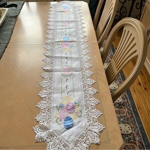 Hand-Embroidered White Lace Easter Table Runner with Pastel Accents
